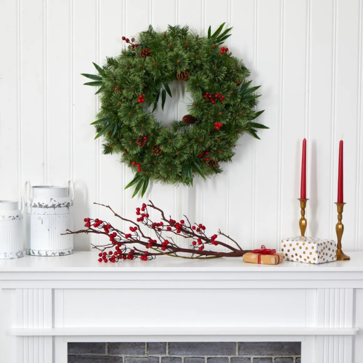 Nearly Natural 24 In. Mixed Pine Christmas Wreath With Lights